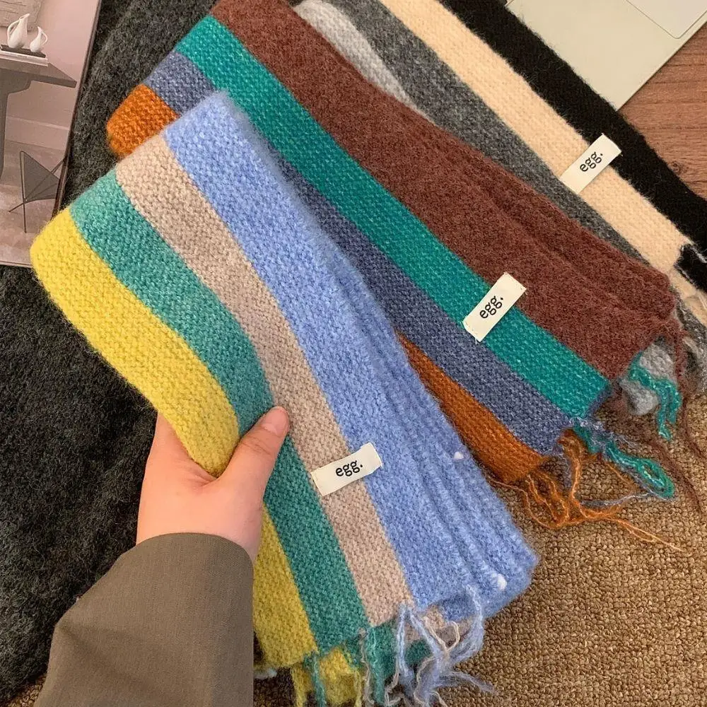 Bufanda larga fina y estrecha de estilo coreano, bufanda de felpa a rayas de lana gruesa y cálida para invierno, bufandas decorativas para niña Y2K, chal y envolturas