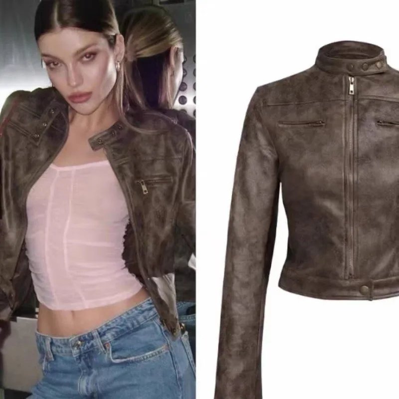 

Lioness Vintage Streetwear Biker Jacket American-Style Slim-Fit Distressed Short Leather Jacket for Women Autumn