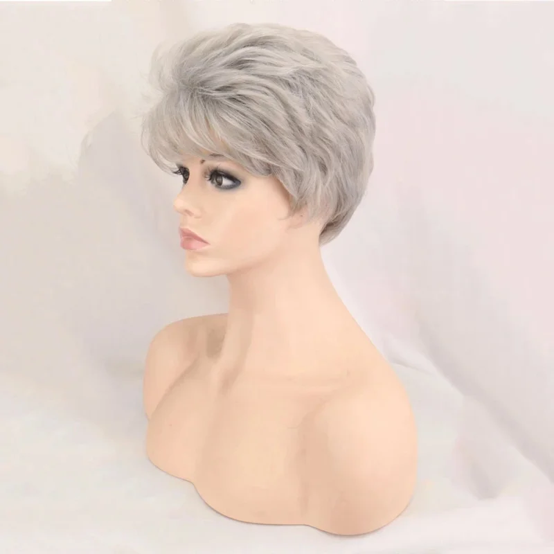 WHIMSICAL W Synthetic Fluffy Wavy Short Wigs for white women sliver gray Hair Multilayered Medium Elastic Breathable Wig Cap