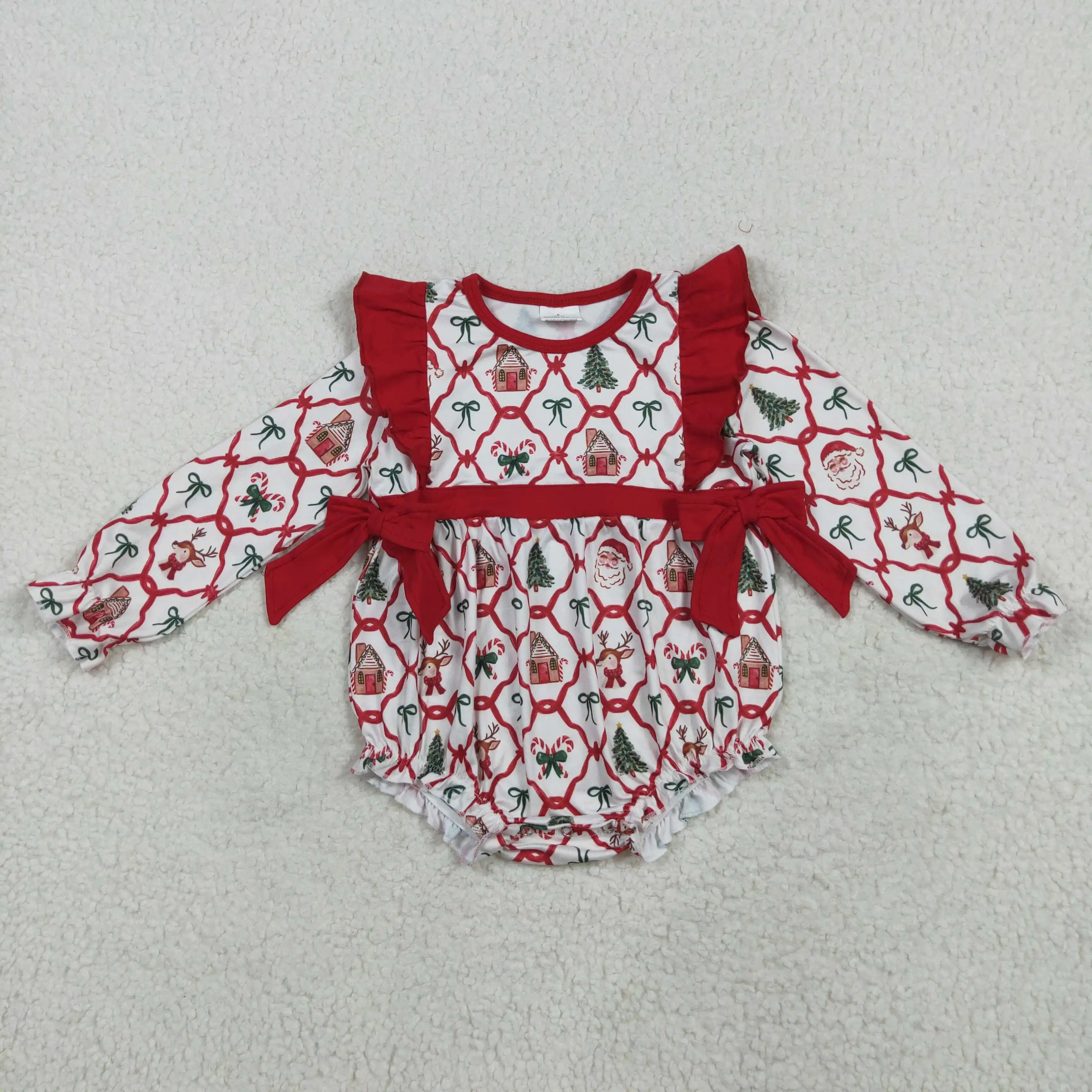 

Baby Girls Long Sleeve Christmas Rompers with Christmas Trees Bows Ruffle and Santa Deer for Toddler Girls