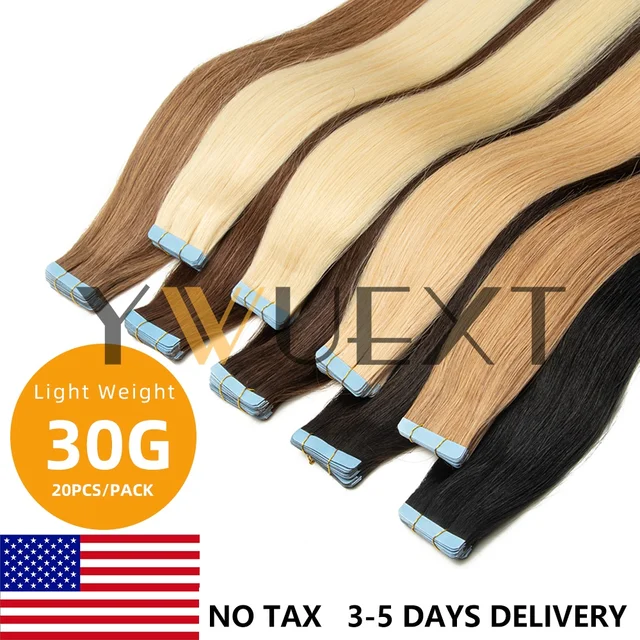 Lightweight Tape in Human Hair Extensions 12-20 inches Seamless PU Skin Weft Tape Hair Natural Straight 20pcs/pack 30G Tape Glue