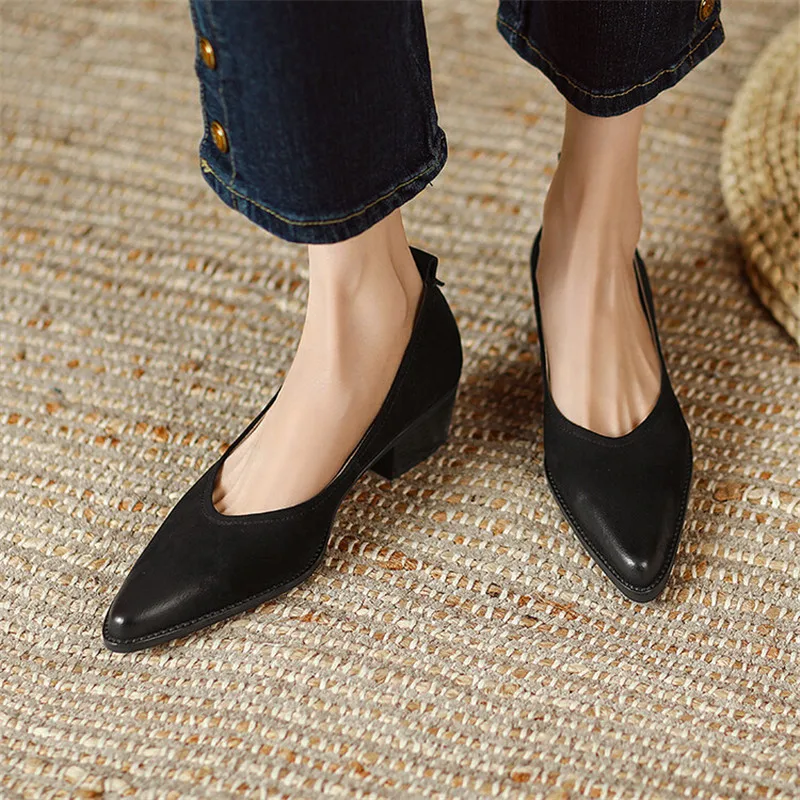 New Spring/summer Women Shoes Sheep Leather Women Pumps Pointed Toe Chunky Heel Loafers Genuine Leather Shoes for Women Handmade