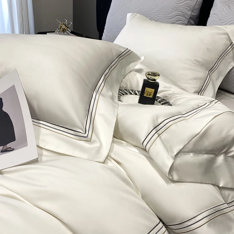 Luxury Three-line Embroidery Solid Color 1000TC Egyptian Cotton Bedding Set  Duvet Cover Bed Sheet/Fitted Sheet Pillowcases 4Pcs