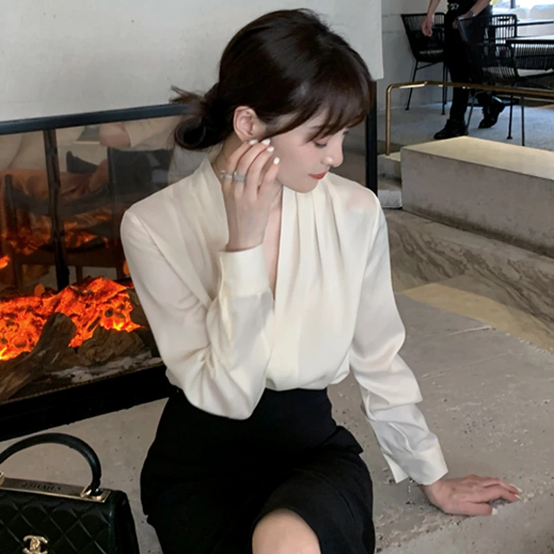 Ele Wit Zijde Satijn V-Ne Lange Sve irt voor Dames Lente Herfst Professionele Werkkleding Sle Button up Rechte snit