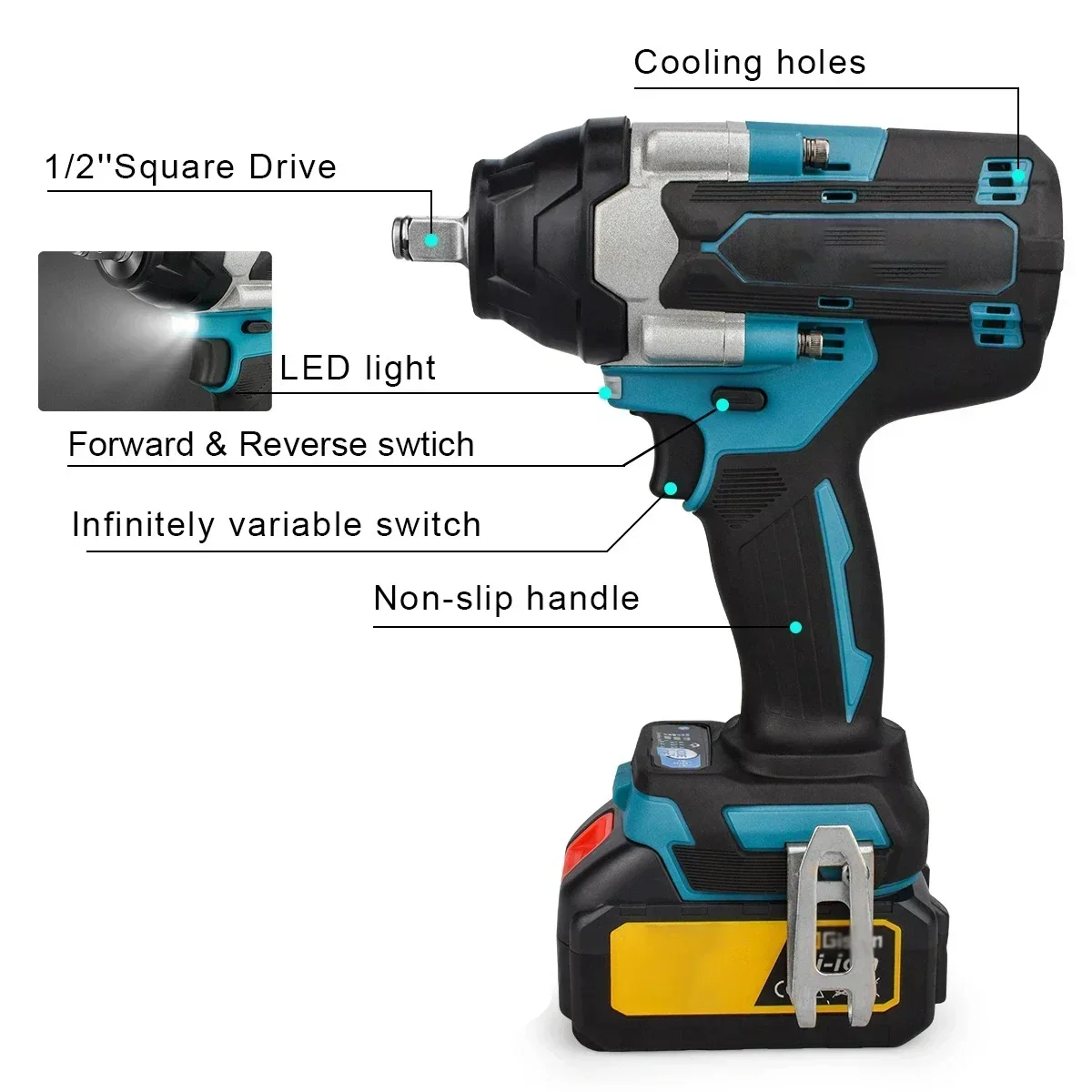 

l l 1800N.M Torque Brushless Electric Impact Wrench 1/2 Inch Lithium-Ion Battery Cordless Wrench Power Tools For Makita 18V Ba