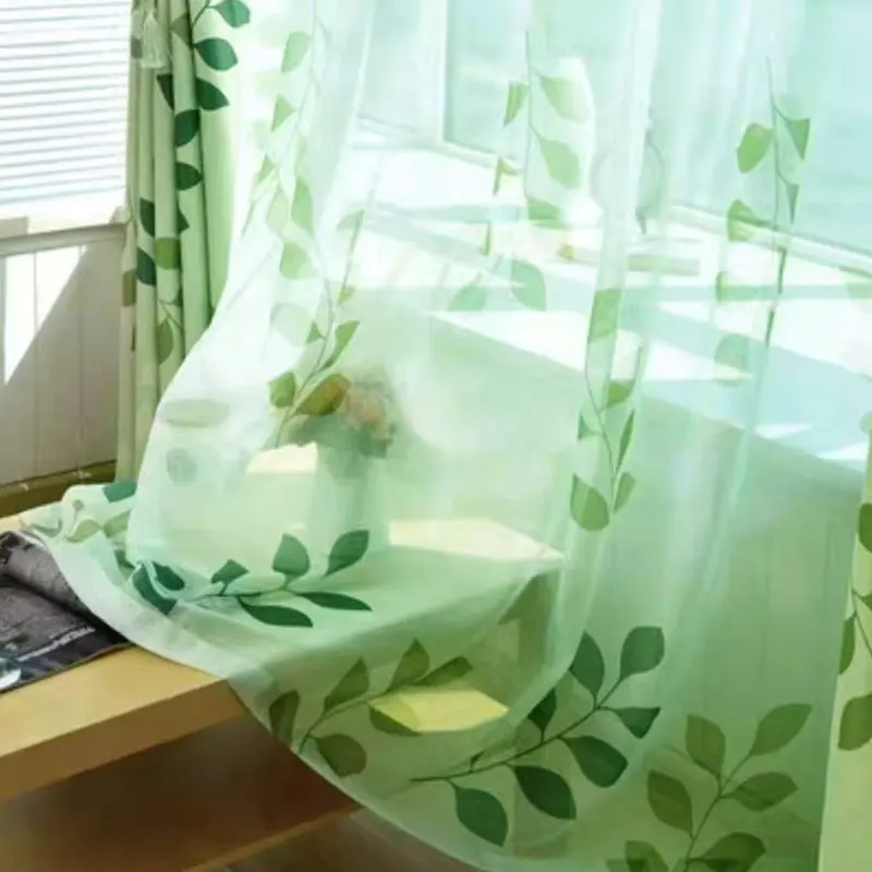 Cortina de gasa de varilla de poliéster con estampado de hojas modernas, 1 Panel, decoración para sala de estar, dormitorio, cocina y cortina
