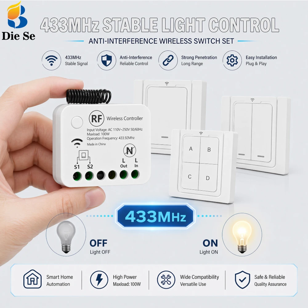 433MHz RF Wireless Light Switch Kit AC 110V~240V No Neutral Line Receiver + 86 Type Wall Remote Control for LED Lamp Smart Home