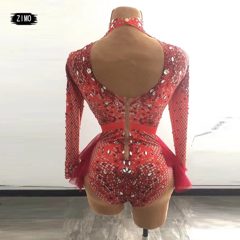 Strass vermelho babado bodysuit para mulheres, boate, baile, bar, traje de concerto, cantor de palco, show, dança, collant DS, moda, grande estiramento