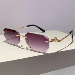 Punk Rimless Vintage Square Sunglasses Women For Men Luxury Brand Designer Sun Glasses Popular Outdoor Metal Leopard Shade UV400
