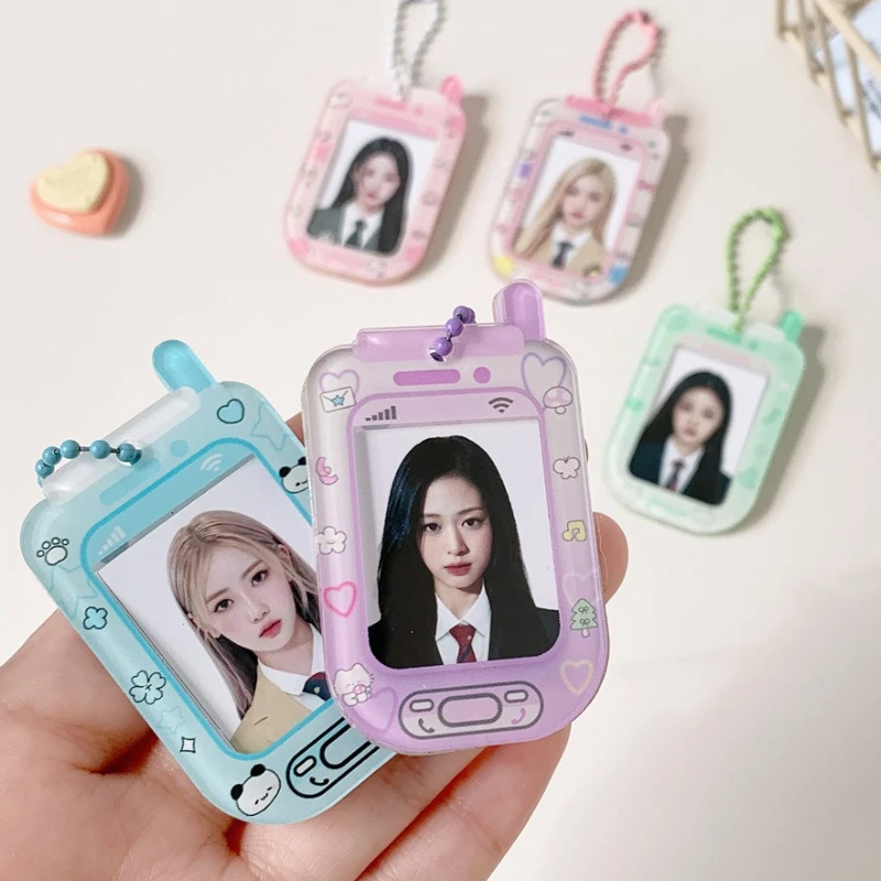 

1Inch INS Cartoon Phone Shape Acrylic Kpop Photocard Holder Key Chain Pendant Idol Photo Card Holder Bag School Stationery
