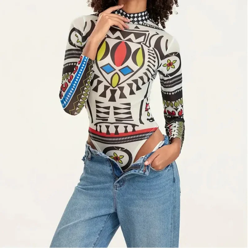 XS-3XL Summer Beach Long Sleeve Sunscreen Bathing Swim Wear Tight Jumpsuit Cosplay Black Print Sexy Women Swimsuit Bodysuit CanC view 2