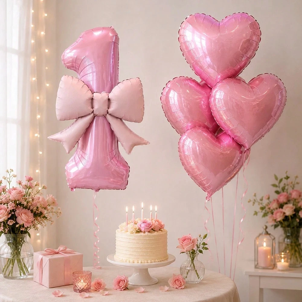 6-Piece Balloon Set, Includes 40-Inch Pink Number Balloons from 0-9, 21inch Pink Bow Balloons, 18inch Pink Heart-Shaped Balloons, Suitable for Birthday Parties, Weddings, Birthdays, Valentine's Day Parties - Light Pink Party Supplies Suitable for Christenings, 1St/2Nd/3Rd/4Th/5Th/6Th/7Th/8Th/9Th Birthday Party Supplies