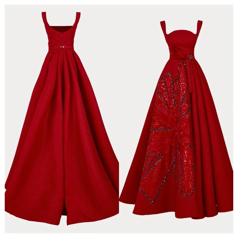 

customizedCustomized Elegant Red Jersey Party Dress Exquisite Square Collar Spaghetti Straps Sleeveless Party Dress Formal Celeb