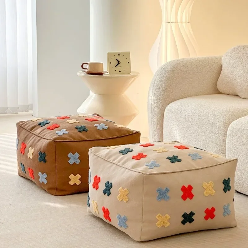 Modern Fashion Square Stool Towel Embroidery Cushion Bean Bag Ottoman for Living Room Bedroom