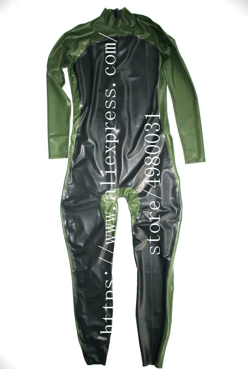 Latex catsuit men in Zentai long sleeve catsuit homme with back  zip to back waist in black with green trim colors