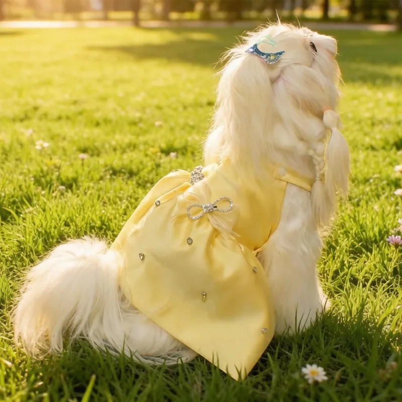 Matte Satin Pet Wedding Dress Rhinestone Decor Bow Sling Princess Gown Elegant Puppy Party Bridal Costume Pets Formal Outfit