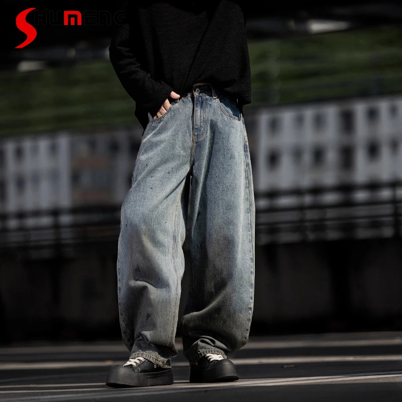 

Мужские джинсовые брюки в американском стиле, осень 2023, новинка 2024, уличный ретро, джинсовые брюки с разбрызгами чернил, свободные модные универсальные шикарные прямые джинсы