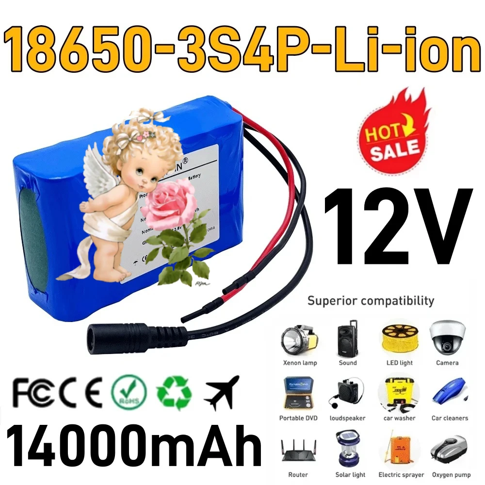 18650 lithium ion 12V 3s4p 12V 14Ah battery pack 14000mAh DC12.6V super large capacity rechargeable battery with BMS + charger