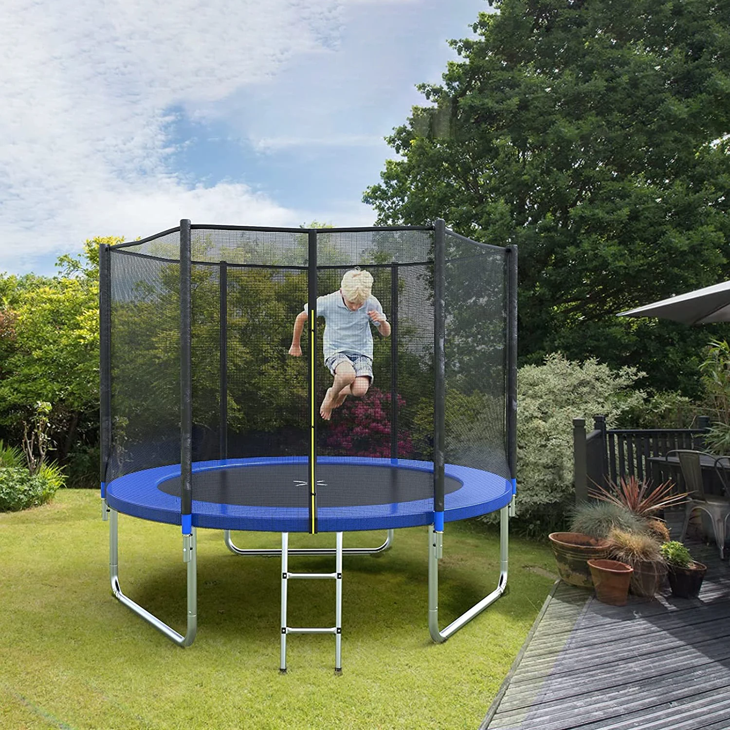 Combo Bounce Jump Trampoline with Spring Pad Waterproof Jump Mat & Ladder  Enclosure Net Outdoor Trampoline for Kids and Adults