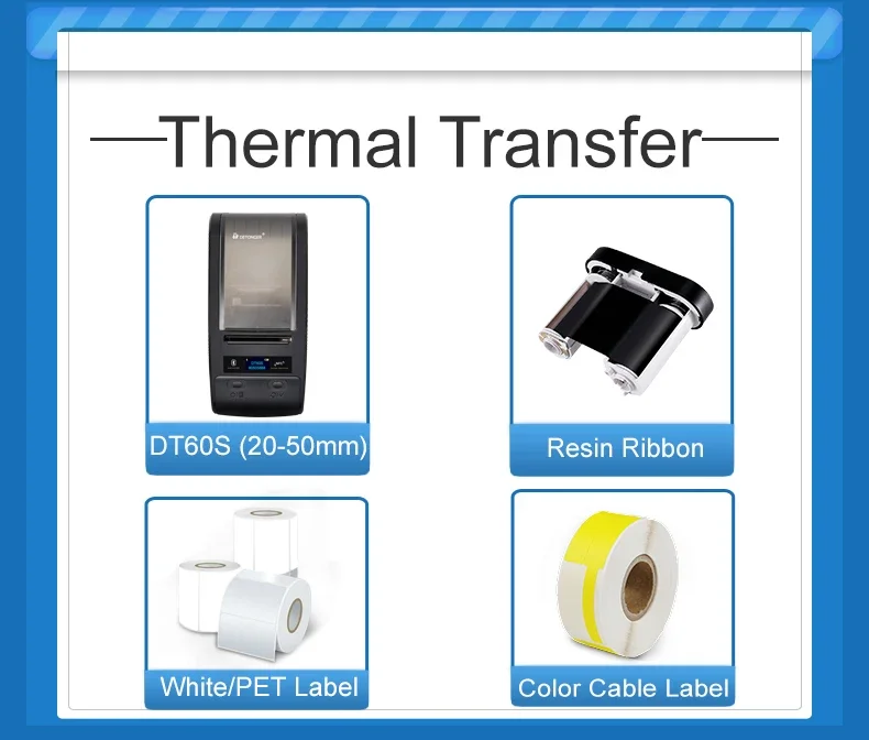 Detonger Blue Tooth Usb เครื่องพิมพ์ถ่ายโอนความร้อน PET PVC อุปกรณ์ Barcode Label สติกเกอร์เครื่องพิมพ์