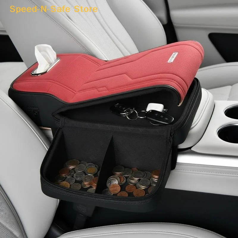 Reposabrazos Universal para Coche con Almohadilla Elevadora, Caja de Almacenamiento de Tejido de Borreguito con Soporte Lateral para Tarjetas/Bolsa de Almacenamiento