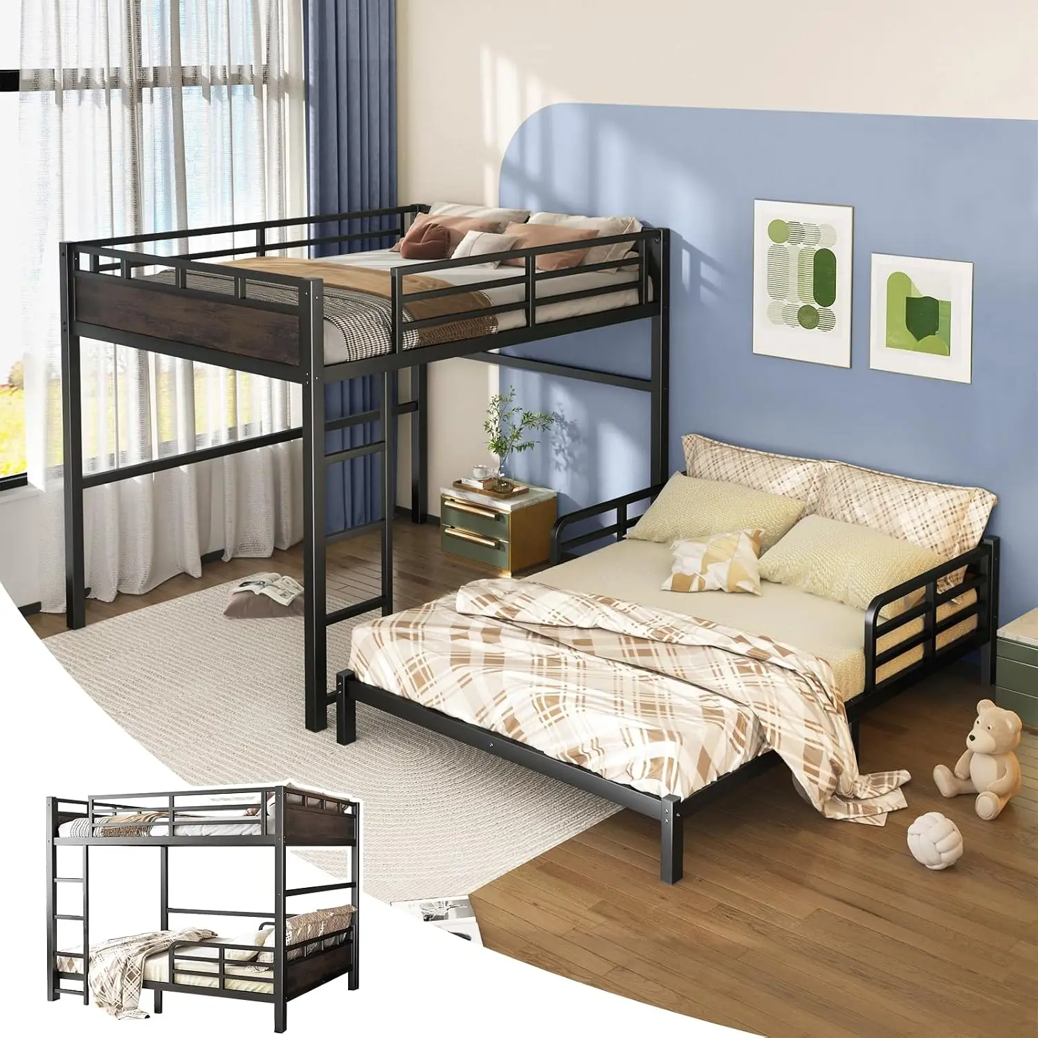 Queen Over Queen Metal Bunk Bed, Convertible Design, Black, Customized