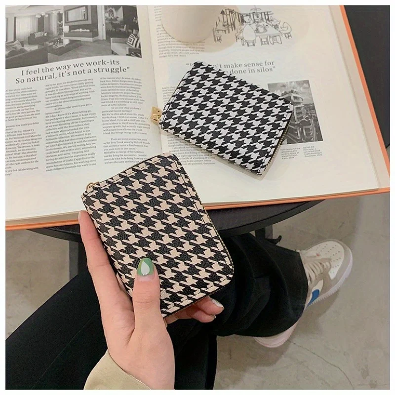 Women Houndstooth Wallet Zipper Short Style Purse Lychee Pattern Fashion Large Capacity Multi Card Slot Coin Purse with Zipper