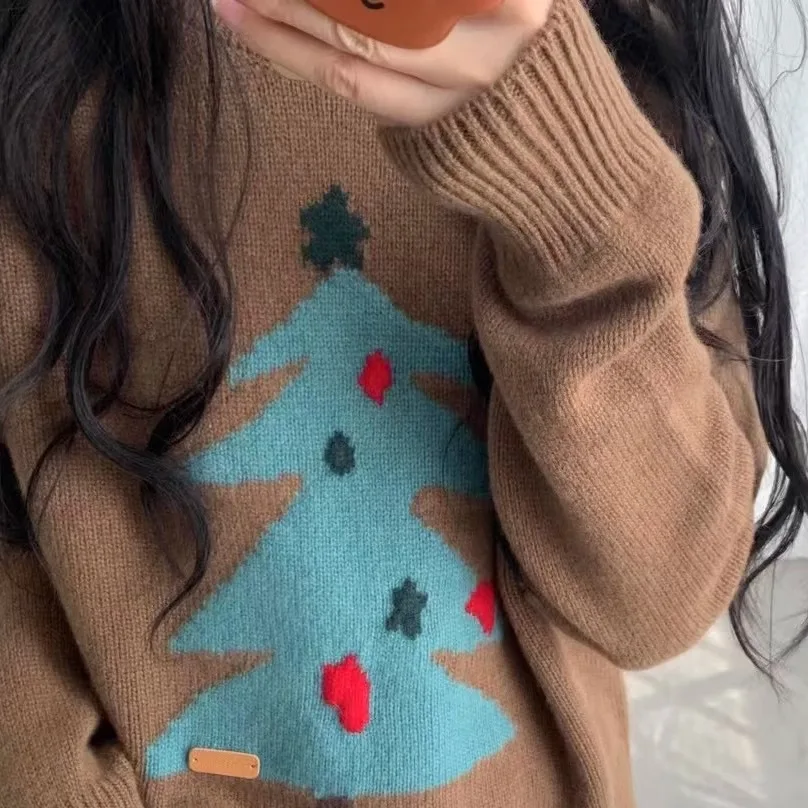

Теплый шерстяной свитер, женский модный осенний свитер 2021, яйцо, милая атмосфера, майса, трикотажный топ с вышивкой дерева и манжетами
