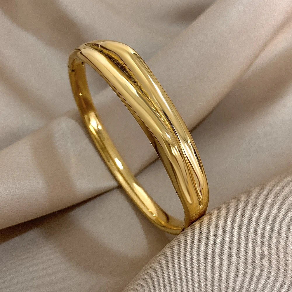 Fashion Double Layered Geometric Stainless Steel Open Thin Bracelet Simple Geometric Irregular Gold Plated Bangles for Women