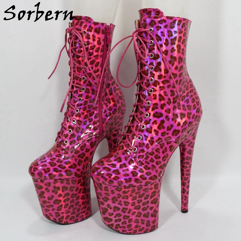 Sorbern Hot Pink Leopard Lace Up Women Boots Pole Dancer Stripper High Heels 20Cm Customized 17Cm 15Cm 23Cm