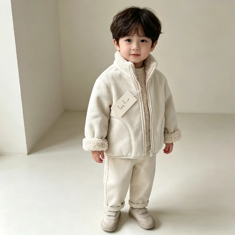 Childrens Lamb Fleece Coat Winter Boys Girls Plus Velvet Thick Warm Jacket Baby Solid Color Padded Outerwear Kids Clothes