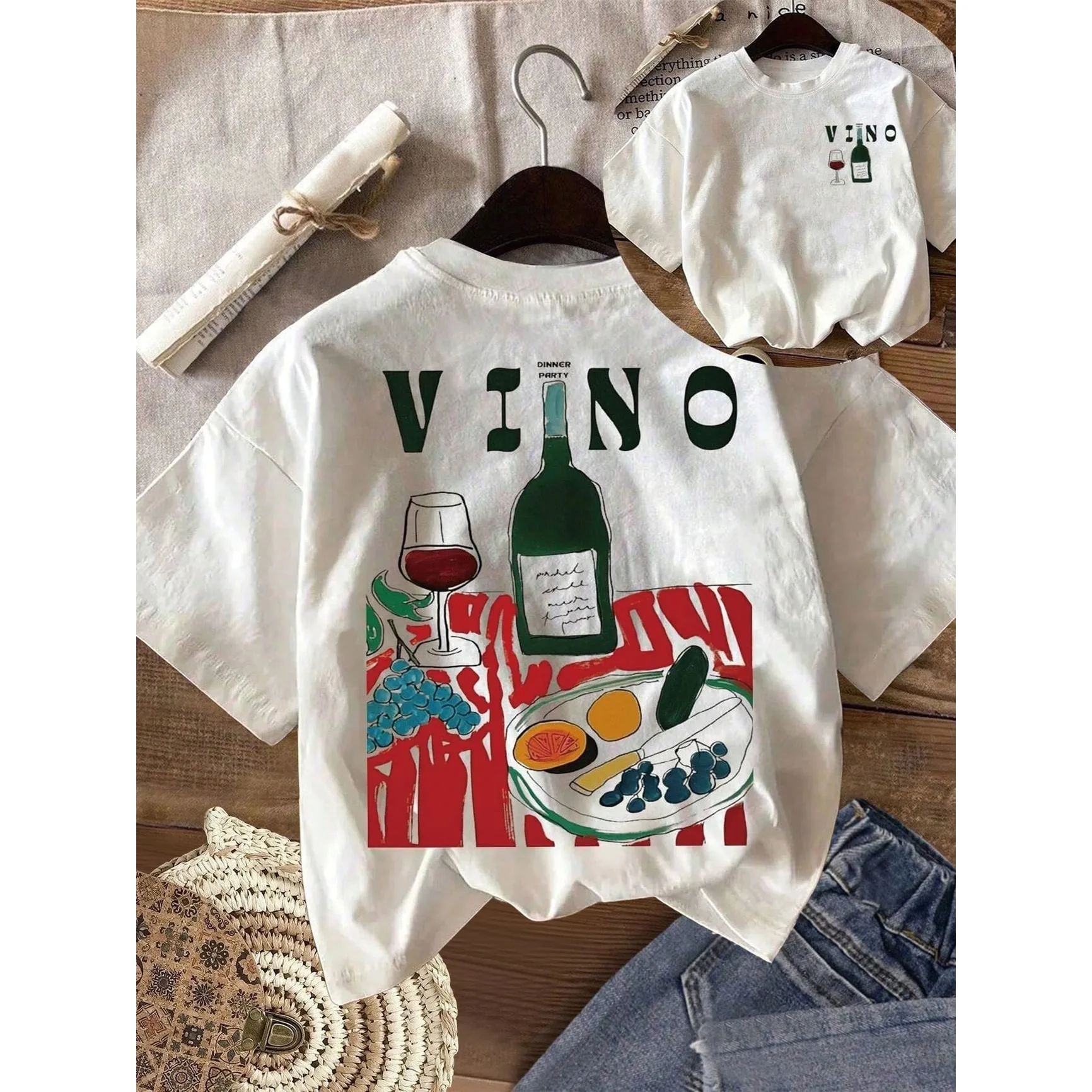 VINO Wine & Food Grafik-T-Shirt aus Baumwolle für Damen mit Retro-Print, weiches Rundhals-Kurzarm-Oberteil, Vintage, trendige Streetwear – Detail 2