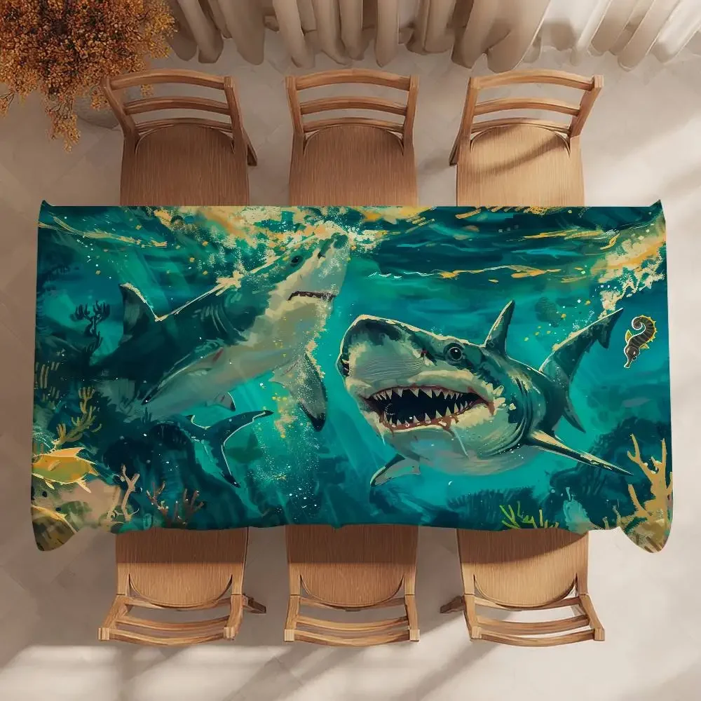 Ocean Shark Table Cloth Party Decor Dining Room Home Kitchen Patios Waterproof Stain-Proof Table Cloth