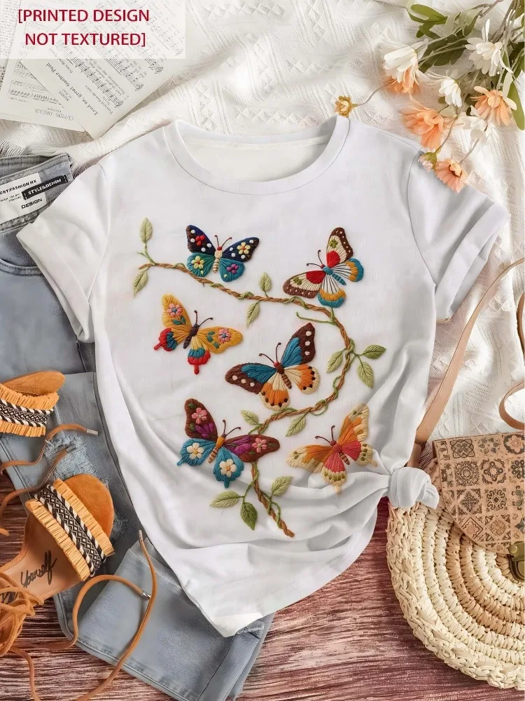 Forest Style Butterfly and Floral Print Short Sleeved Women's Fashionable Casual T-shirt Round Neck Top Women's Clothing
