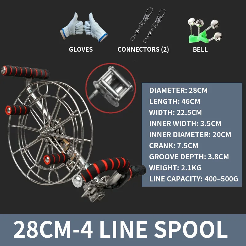 28CM/30CM/32CM Large Kite Reel, Heavy-Duty Hand-Crank Retriever, Stainless Steel, Kite-Flying Tool, Brake Grip 7 Line Spool