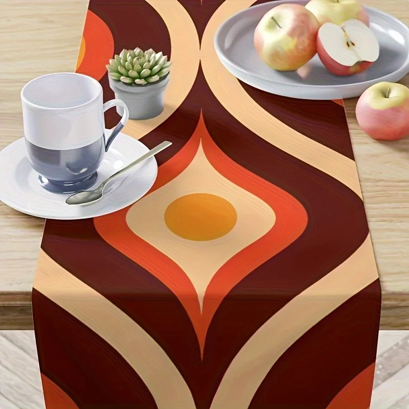 Vintage Mid-Century Modern Table Runner Brown & Orange Retro Wave Geometric Print Perfect for Parties, Kitchen & Dining Room