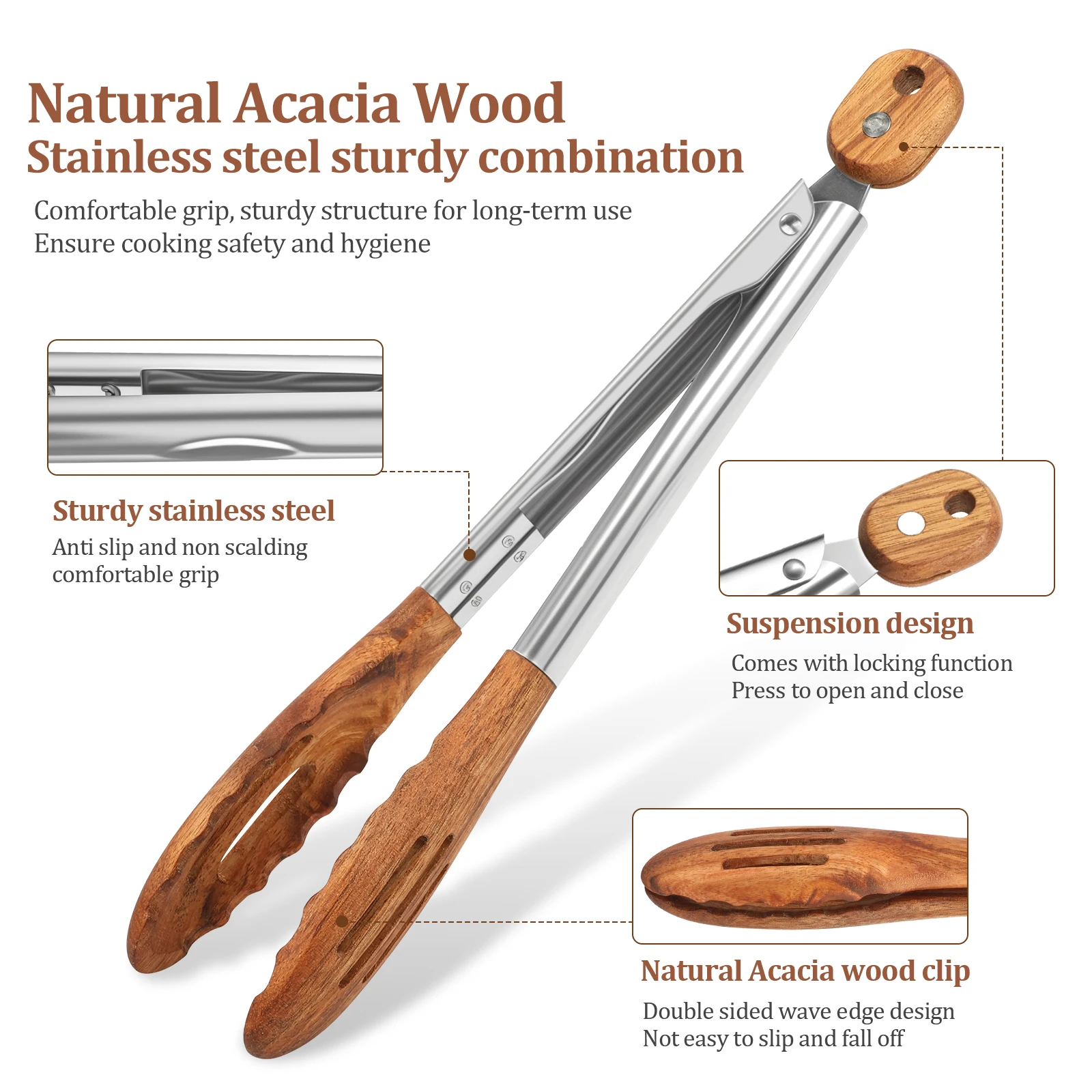 1/2 Pc Acacia Wood Pasta Tongs Kitchen Salad Tongs 2 Size Heat Resistant Grill Tongs Stainless Steel Handle for Cooking Flipping