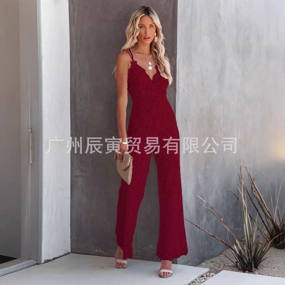 Europa en Amerika zomer nieuwe sexy temperament kanten romper, casual V-hals halter hoge taille slim-fit gevoerd met romper dames