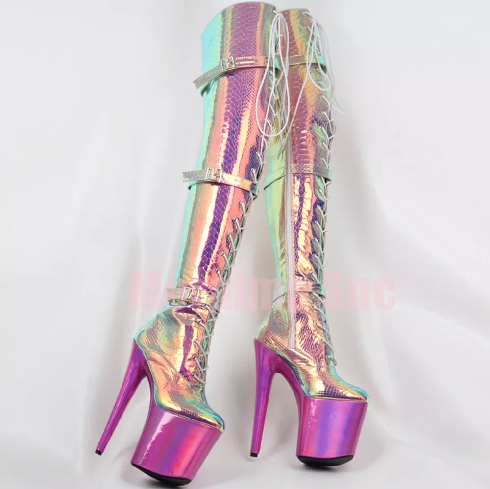 

Bling Sequin Platform Thigh High Boots Belt Buckle Stiletto Super High Heel Lace-up Side Zipper Women's Over the Knee Long Boots