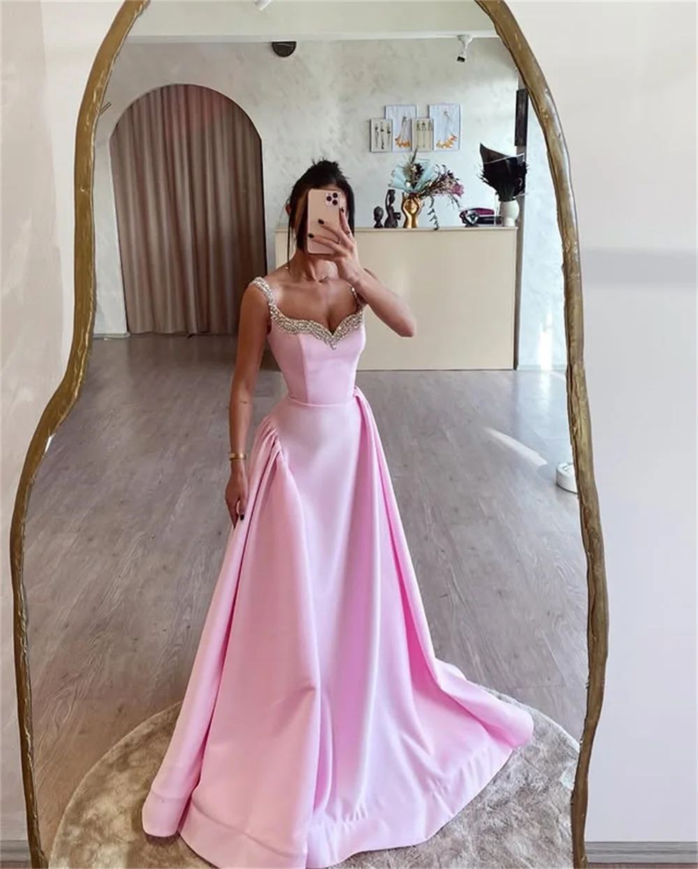 Simple Pink Beading Spaghetti Straps Evening Dresses Satin Dubai Wedding Party Dress Robe Prom Dress Customized Cocktail Gowns