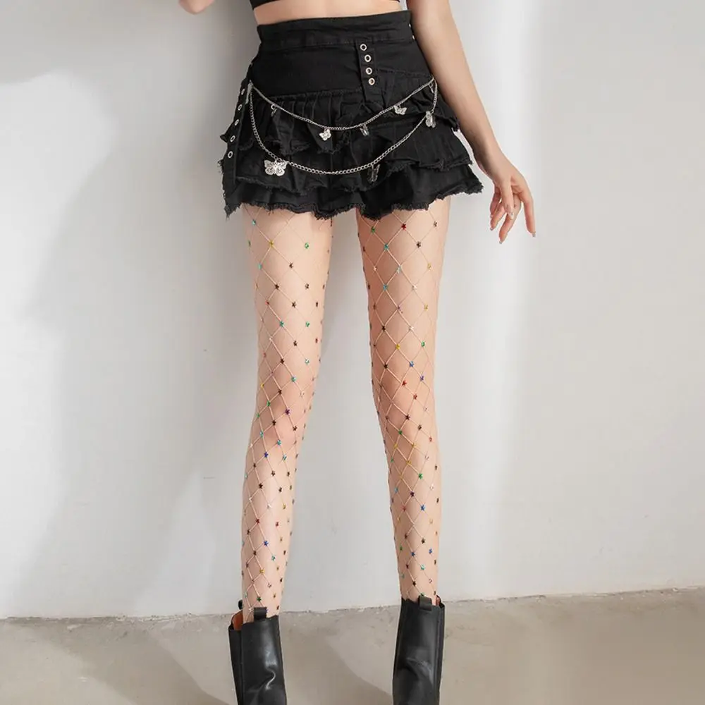 Trendy Star Accents Fishnet Tights Diamond Mesh Sheer Mesh Stockings High Waist Stretch Fit Fishnet Pantyhose Stage Performance