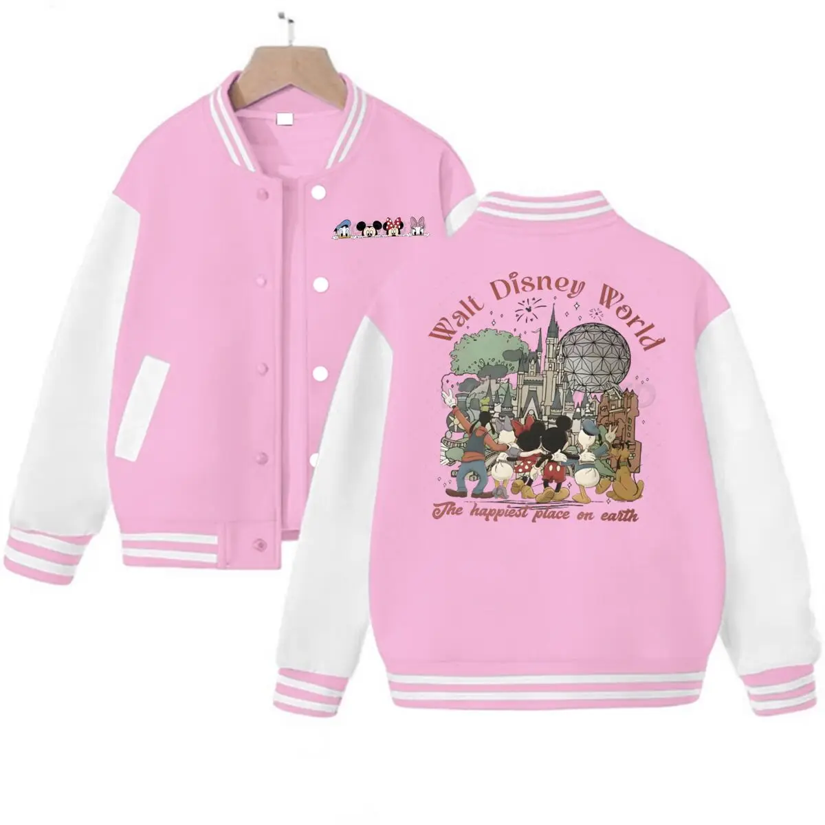 

Family Matching Outfits Cartoon Mickey & Friends "The Happiest Place on Earth" Print Baseball Jacket Kids and Adults Daily Wear
