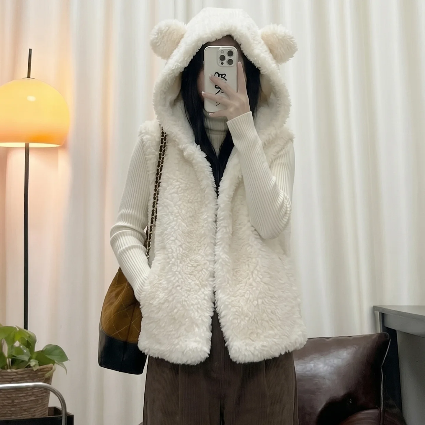 2026 Women Winter Teddy Fleece Hooded Vest Coat Female Bear Ear Decor Zip‐Up Sleeveless Padded Waistcoat Casual Loose Outerwear