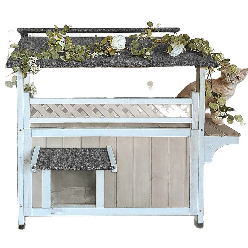 Double-story large outdoor weatherproof cat house with balcony, with escape door and openable asphalt