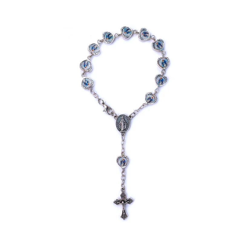 QIGO Religious Jewelry Metal Heart Virgin Rosary Bracelets Cross Pendant For Men Women