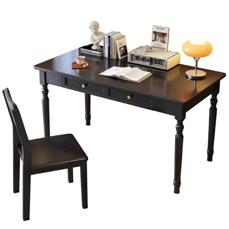Black Solid Wood Writing Desk Retro European Style Computer Table for Home Bedroom Study Office Furniture