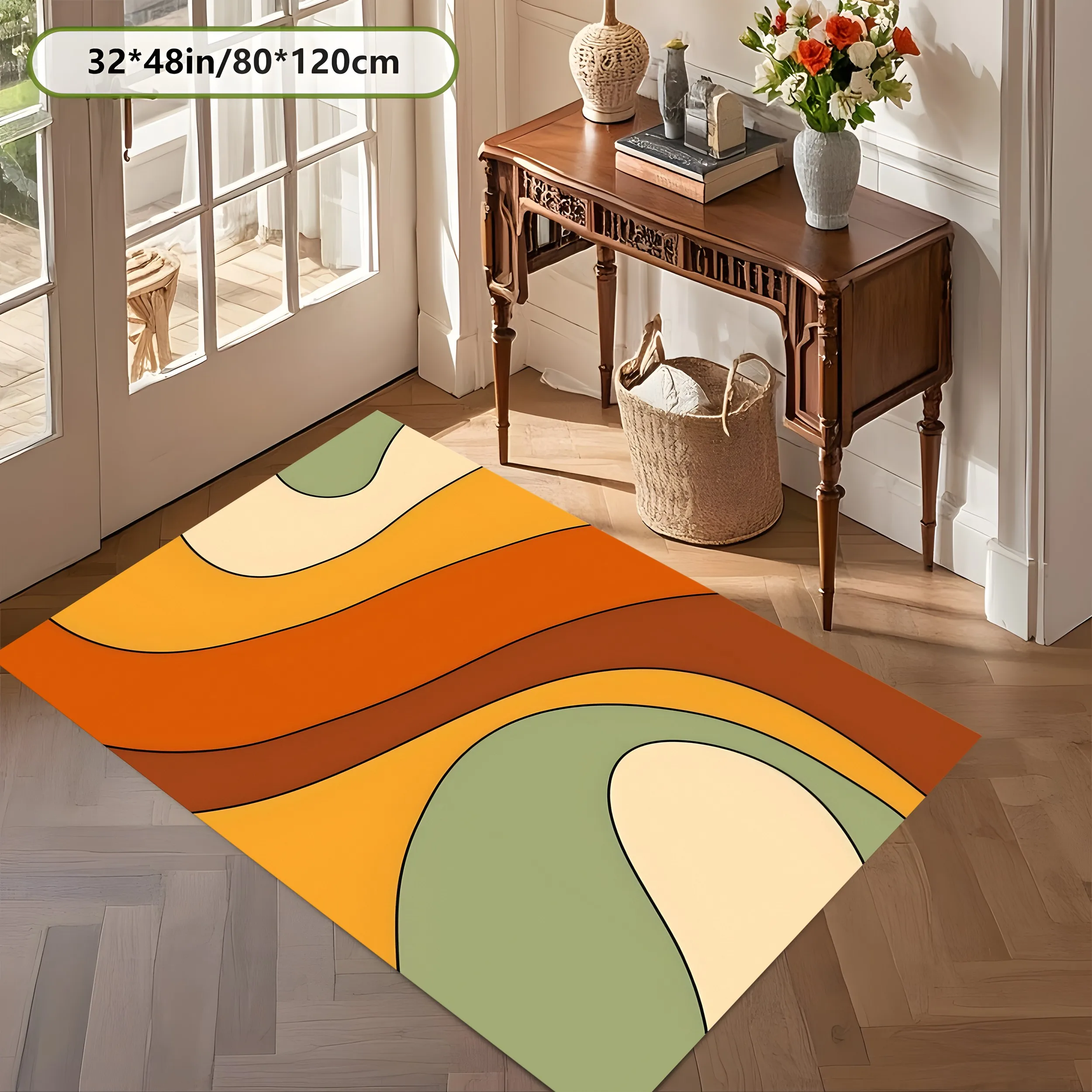 Large Area Rug with Warm Color Blocking and Flowing Lines, Retro Art Style, for Living Room and Bedroom