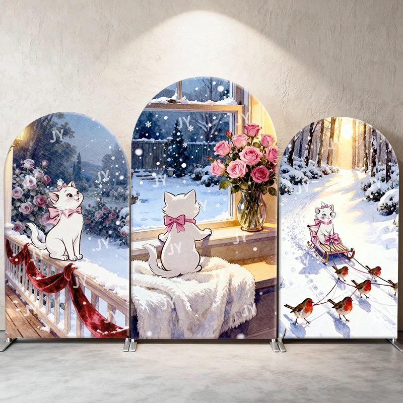 

Marie Cat Arch Backdrop Cover Winter Sled Rose Scene Cartoon Theme Kids Birthday Baby Shower Photo Booth Decor Background
