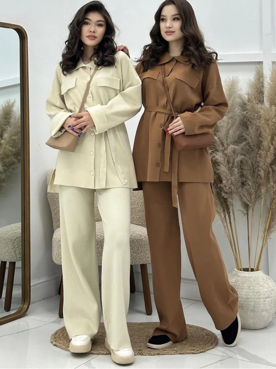 Elegant Loungewear 2 Piece Knit Sets Women Belt Bandage Cardigan + Wide Leg Pants Women Casual Knitted Two Piece Sets Women 2024