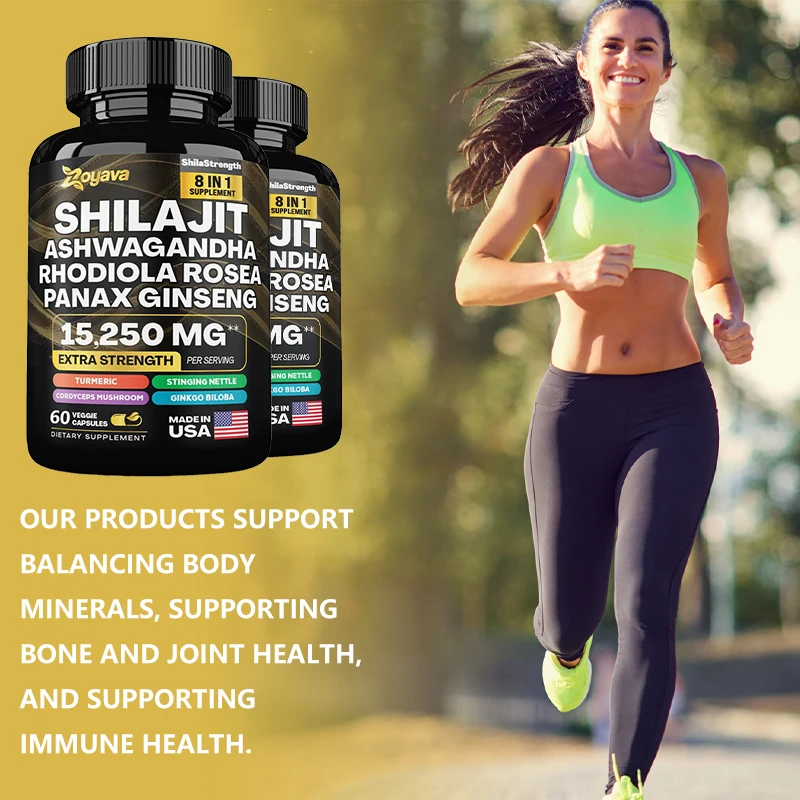 100% high purity Shilajit mineral supplement, eight natural ingredients, Ashwagandha, Ginseng, Turmeric, Energy, Immunity, Joint